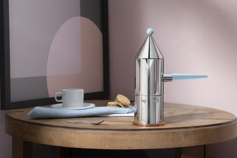 Alessi La conica manico lungo espresso coffee maker, steel - light blue