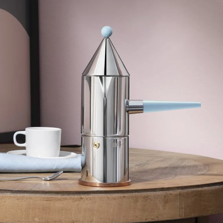 Alessi La conica manico lungo espresso coffee maker, steel - light blue