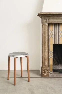 Alessi Poêle stool, brown beech - mirror polished steel