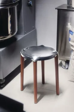 Alessi Poêle stool, brown beech - mirror polished steel