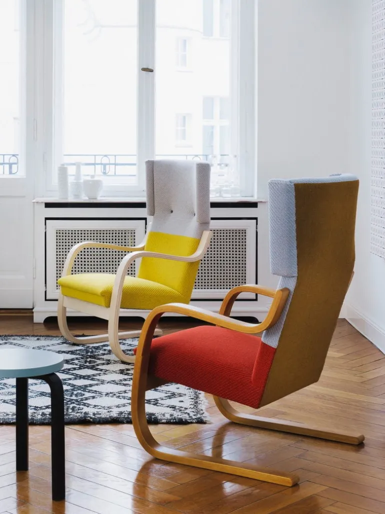 Artek Aalto armchair 401, birch - white Hallingdal 100