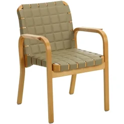 Artek Aalto Armchair 45, honey - leaf green quilted leather - rattan weave