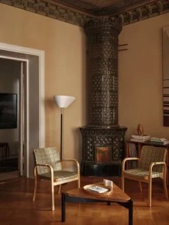 Artek Aalto Armchair 45, honey - leaf green quilted leather - rattan weave