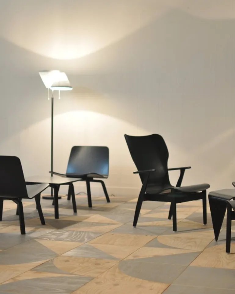 Artek Domus lounge chair, lacquered birch - black leather