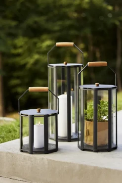 Cane-line Lightlux lantern with teak handle, L, lava grey