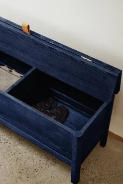 Form & Refine A Line storage bench, 111 cm, indigo blue stained ash