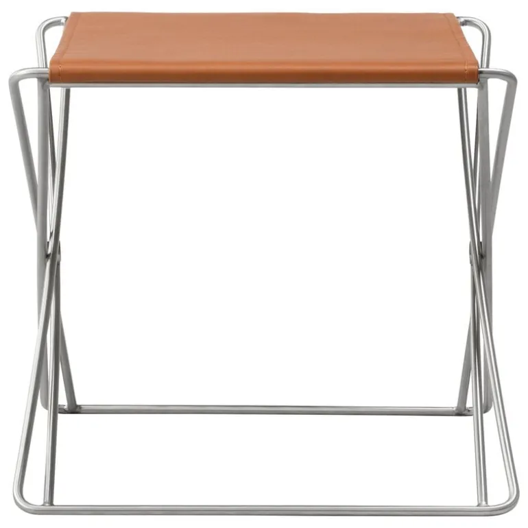 Fredericia JG folding stool, brushed steel - cognac leather
