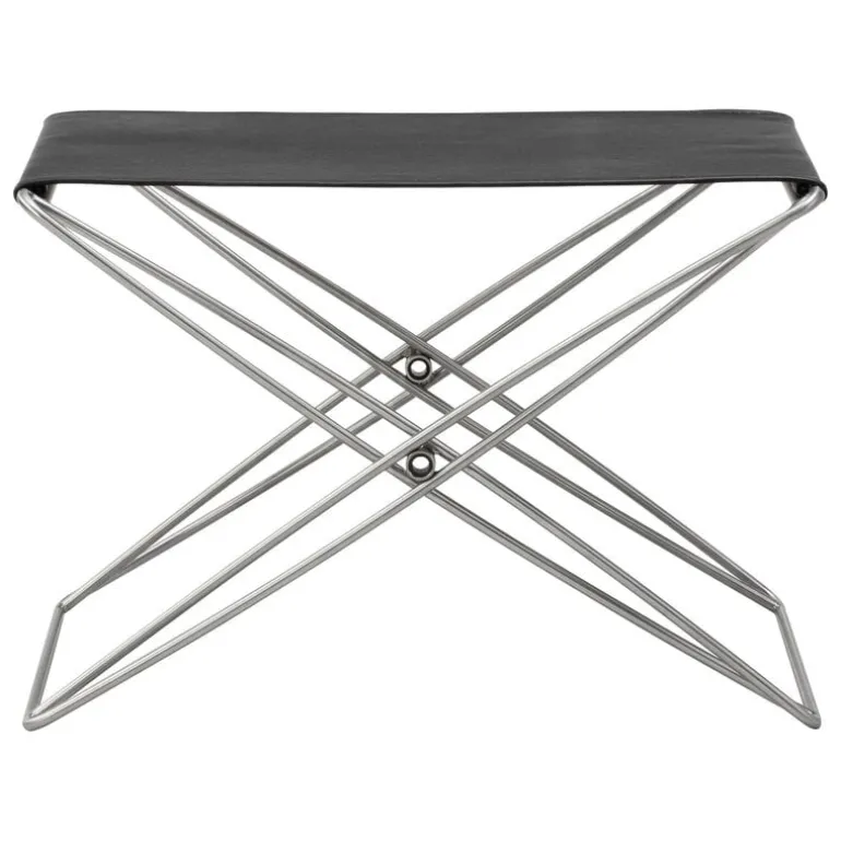 Fredericia JG folding stool, brushed steel - black leather