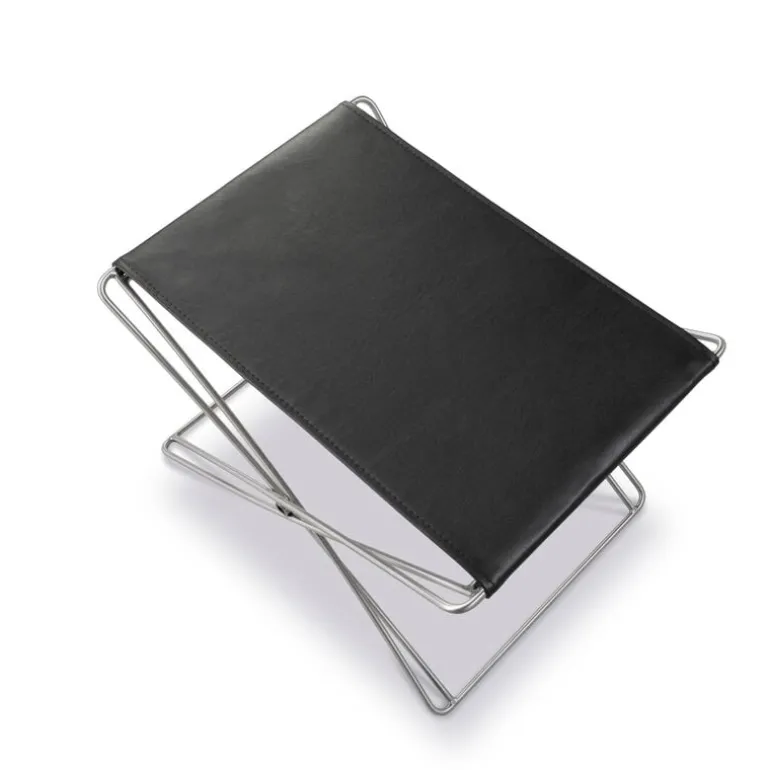 Fredericia JG folding stool, brushed steel - black leather