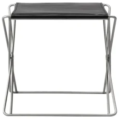Fredericia JG folding stool, brushed steel - black leather