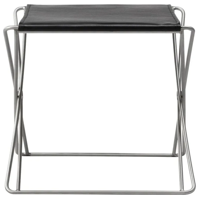 Fredericia JG folding stool, brushed steel - black leather