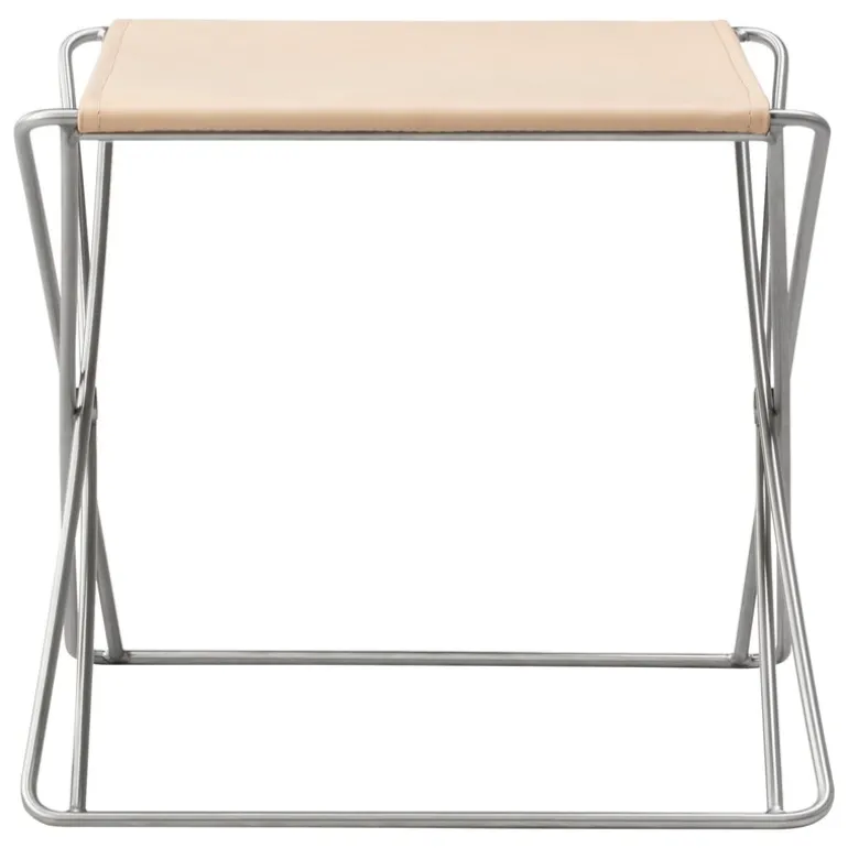 Fredericia JG folding stool, brushed steel - natural leather
