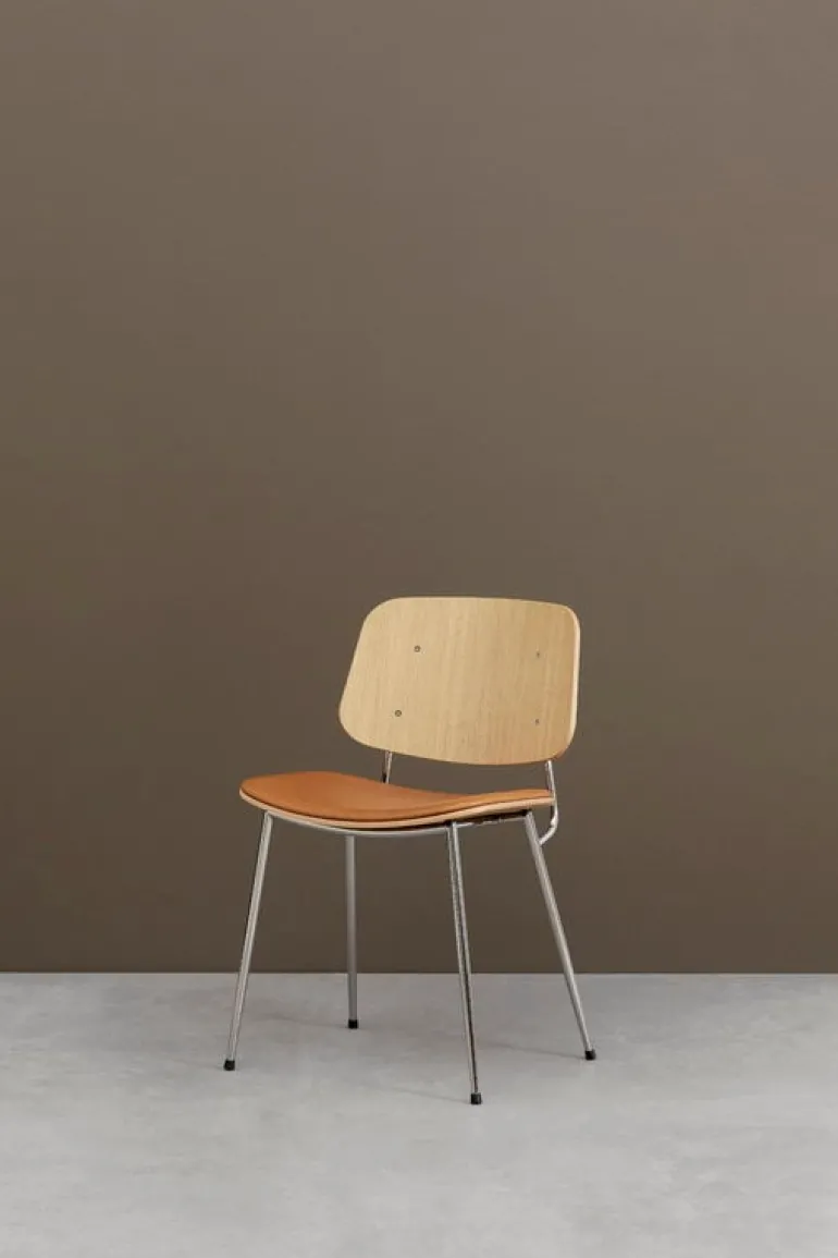Fredericia Søborg chair 3061, chromed base, lacquered oak - cognac leather
