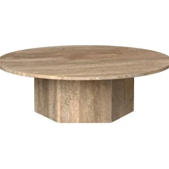 GUBI Epic coffee table, round, 110 cm, warm taupe travertine
