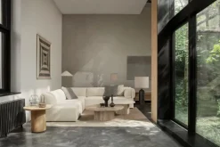 GUBI Epic coffee table, round, 110 cm, warm taupe travertine