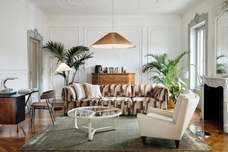 GUBI Tynell 1972 pendant, 90 cm, brass - bamboo