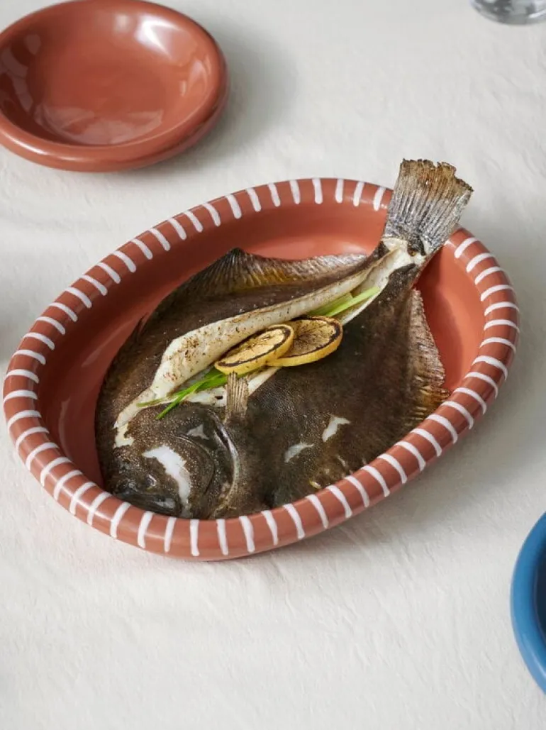 HAY Barro oval dish, L, natural teracotta with stripes