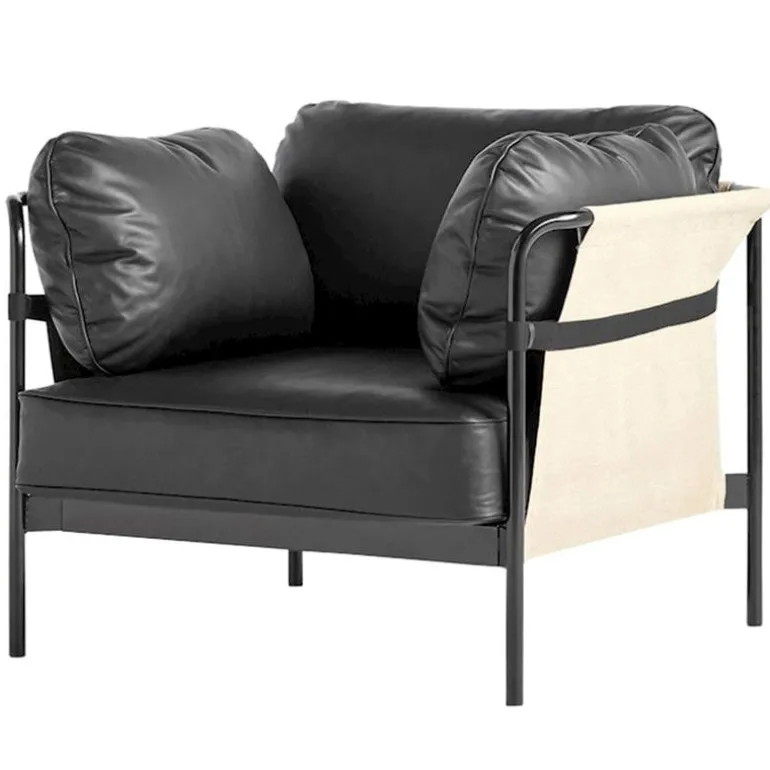 HAY Can lounge chair, black leather - natural canvas - black frame