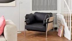 HAY Can lounge chair, black leather - natural canvas - black frame