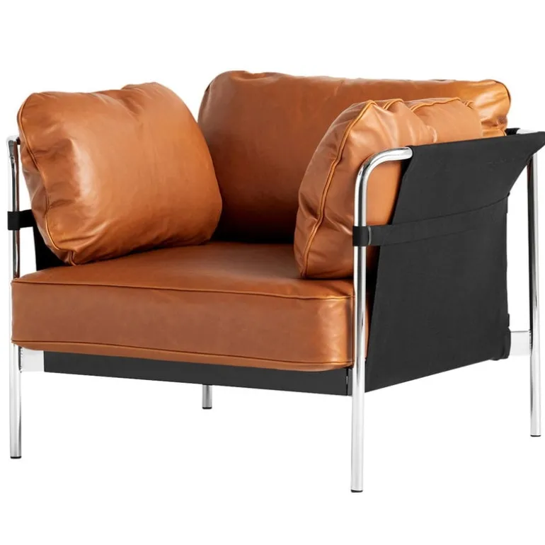 HAY Can lounge chair, cognac leather - black canvas - chrome frame