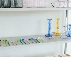 HAY Flare candleholder, medium, light blue with red rim