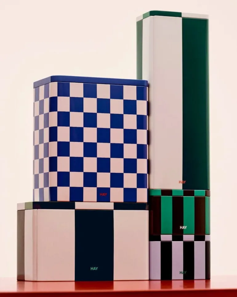 HAY Tin container, L, blue - off-white