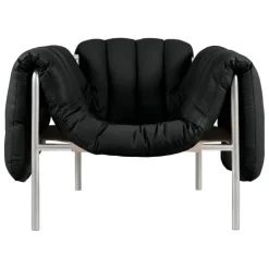 Hem Puffy lounge chair, black leather - stainless steel