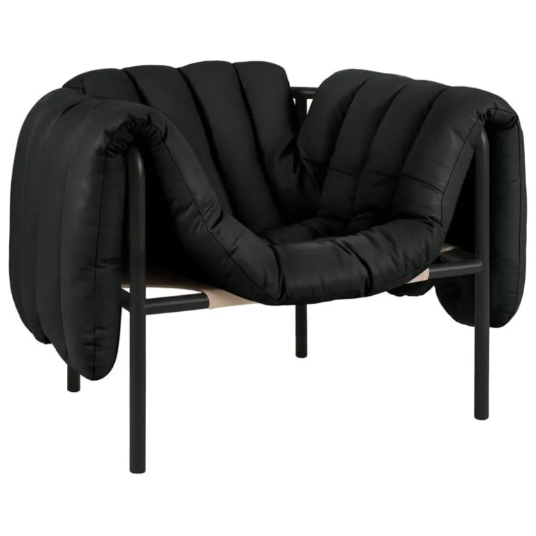 Hem Puffy lounge chair, black leather - black grey steel