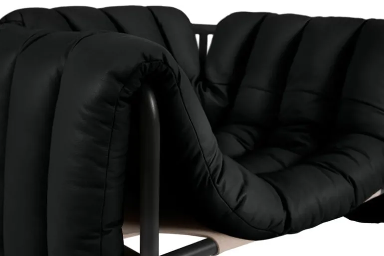Hem Puffy lounge chair, black leather - black grey steel