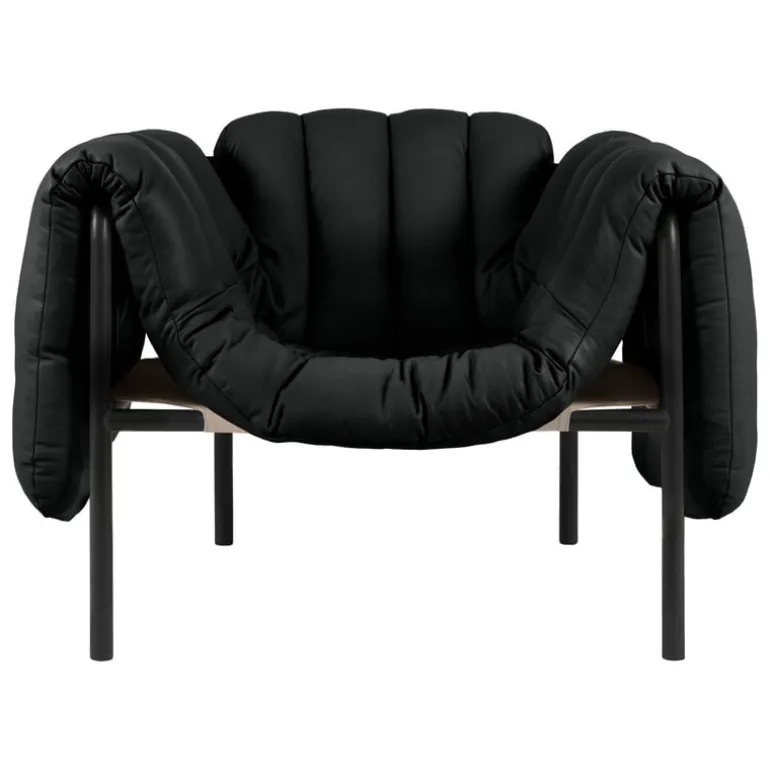 Hem Puffy lounge chair, black leather - black grey steel