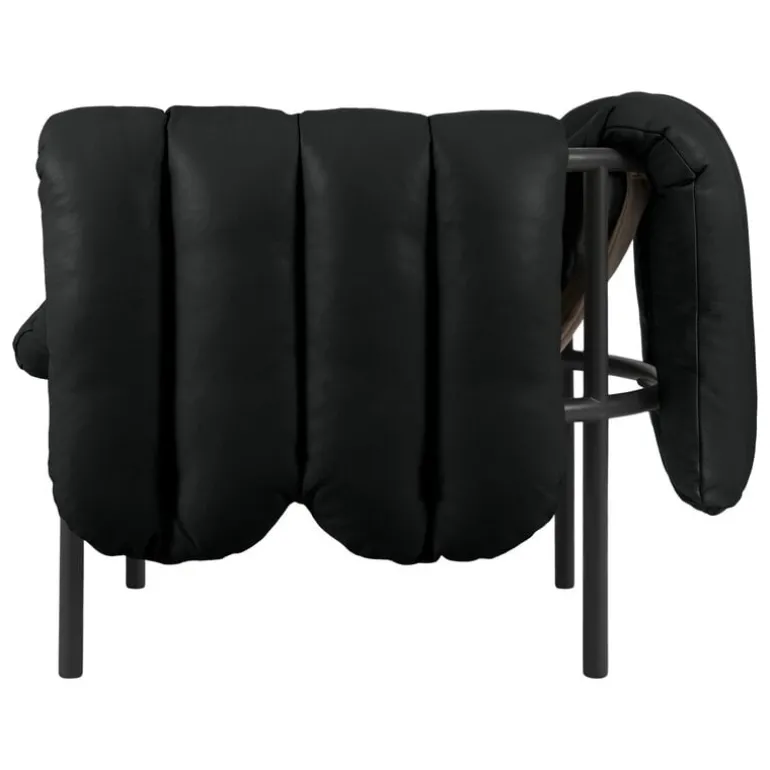 Hem Puffy lounge chair, black leather - black grey steel
