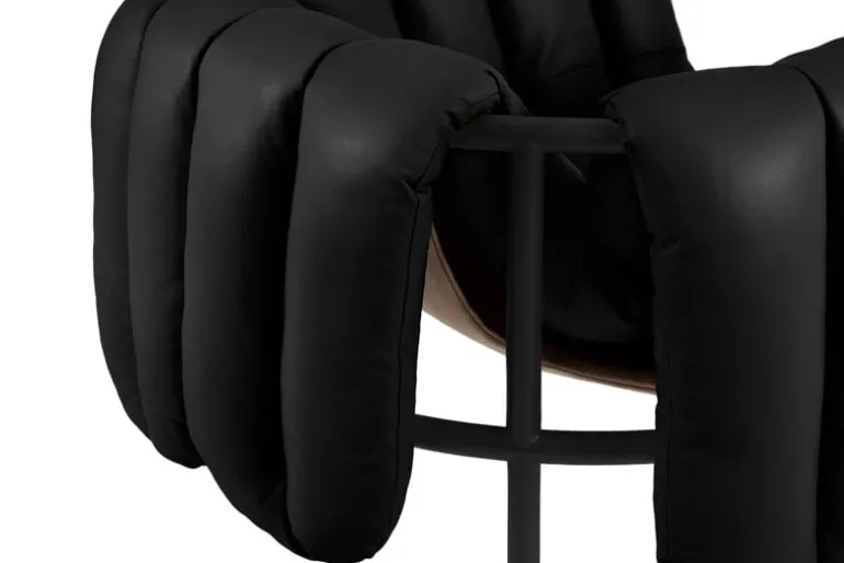 Hem Puffy lounge chair, black leather - black grey steel