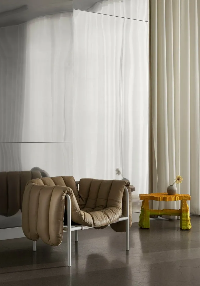 Hem Puffy lounge chair, sand leather - cream steel