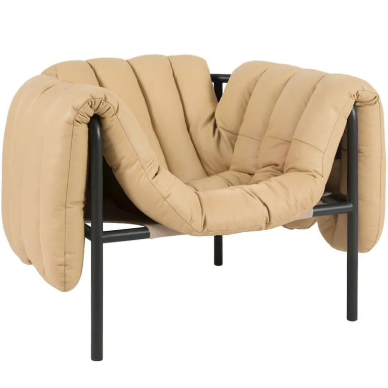 Hem Puffy lounge chair, sand leather - black grey steel