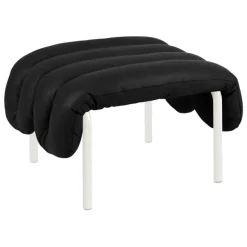 Hem Puffy ottoman, black leather - cream steel