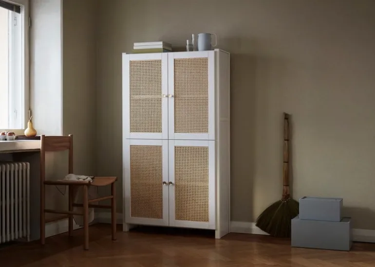 Lundia Classic cabinet w/ rattan doors, 84 x 149 cm, white lacquered