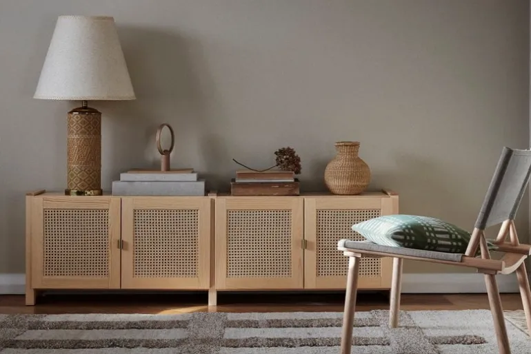 Lundia Classic TV stand w/ rattan doors, natural