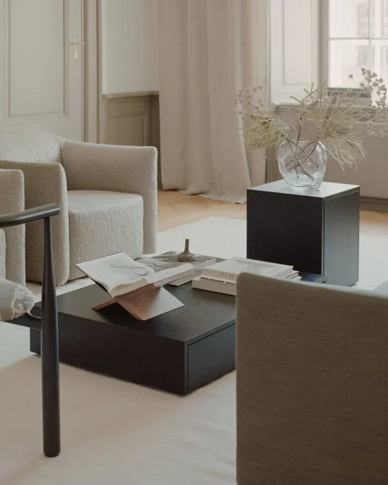 New Works Mass side table with drawer, black stained oak