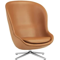 Normann Copenhagen Hyg lounge chair, high, swivel and tilt, aluminium-brandy leathe