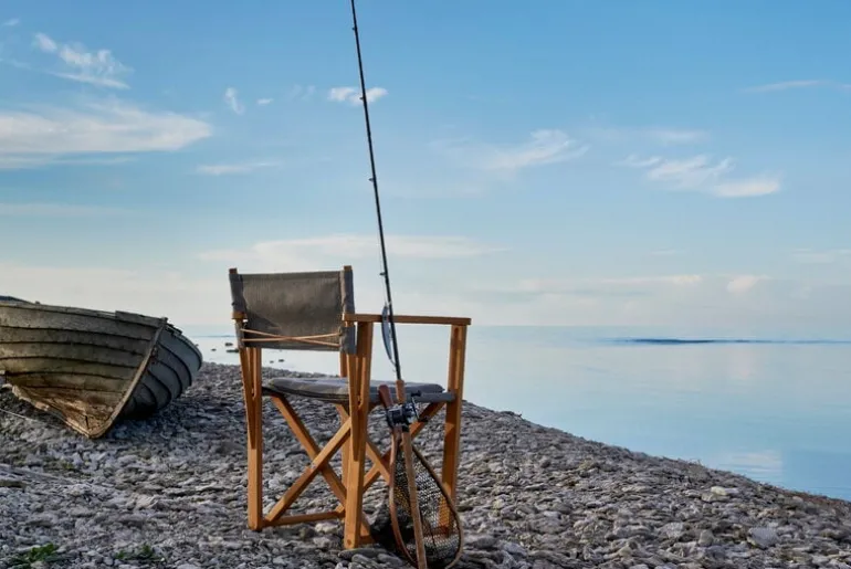 Skargaarden Kryss lounge chair, teak - beige Sunbrella Heritage