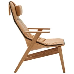 Viccarbe Ace armchair with headrest, matt oak - ochre leather